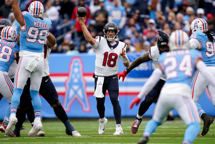 Houston Texans quarterback Case Keenum (18) throws against the Tennessee Titans during the second quarter at Nissan Stadium in Nashville, Tenn., Sunday, Dec. 17, 2023